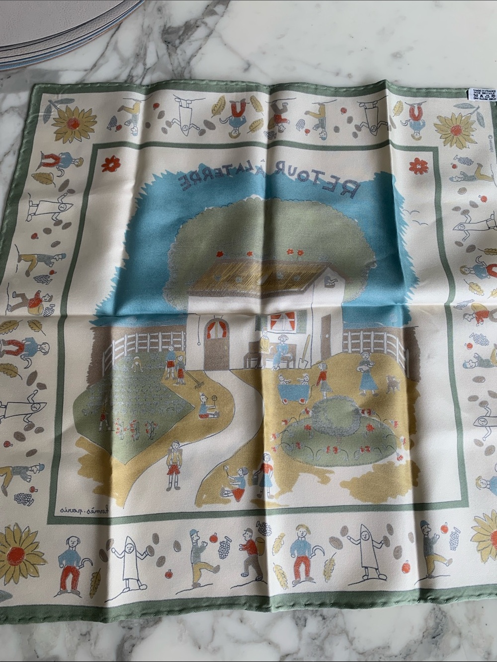 Hermès Multicolor 'Retour à la Terre' Silk Scarf with Green, Blue, Cream & Tan - Picture 8 of 14